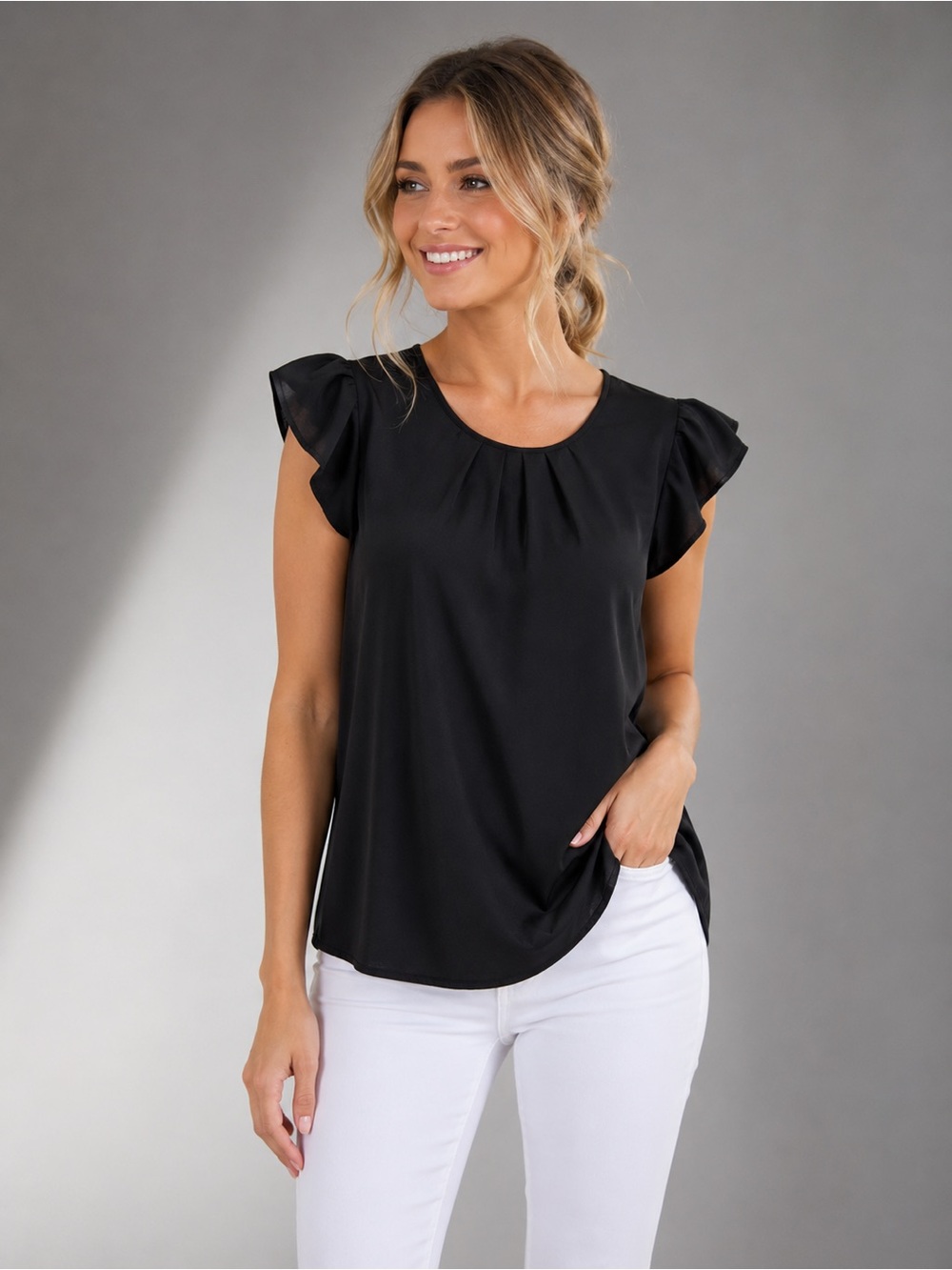 Women's Black Flutter Sleeve Blouse